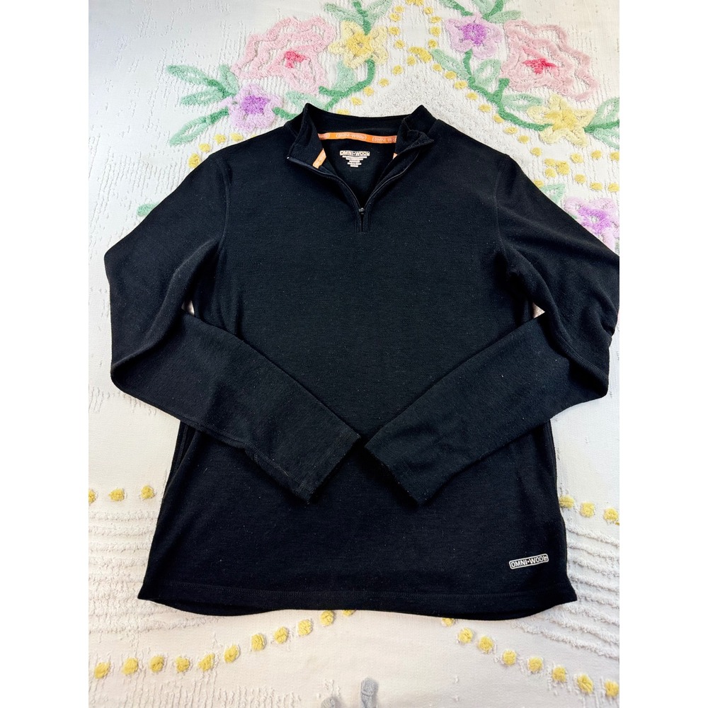 Omni-Wool Mens Large Black Quarter Zip Base Layer Wool Blend Thumbhole Pullover